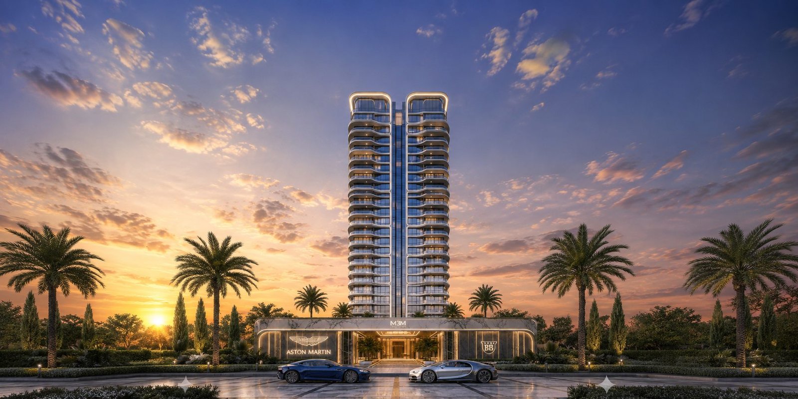 M3M BRABUS Branded Residences — twin-tower elevation with luxury arrival court at sunset (artist's impression)