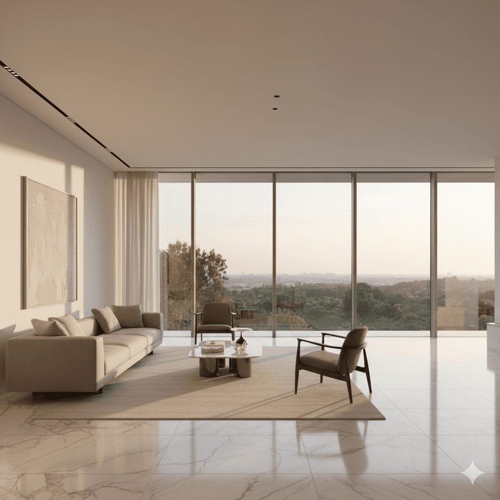 Ultra-luxury living room with floor-to-ceiling glass — artist's impression